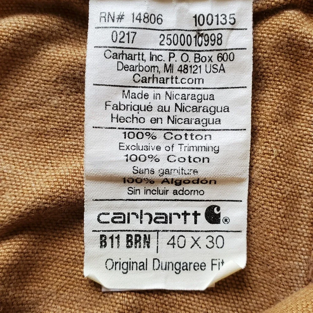Carhartt B11 BRN Original Dungaree Fit Brown Cotton Canvas Work Pants 40x30